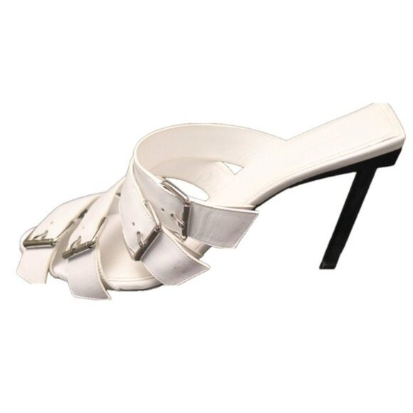 Balenciaga White Buckle Leather Open Toe Mules Stiletto Heel Silver 10 US 40 IT - Picture 2 of 11